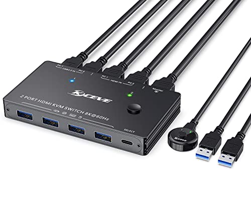 8K KVM Switch 2 PC 1 Monitor 2 Ports USB 3.0 HDMI KVM Switcher Supports Resolution of 7680 x 4320@60 Hz 3840 x 2160 @ 120Hz for 2 Computers Share Mouse Keyboard and Monitor