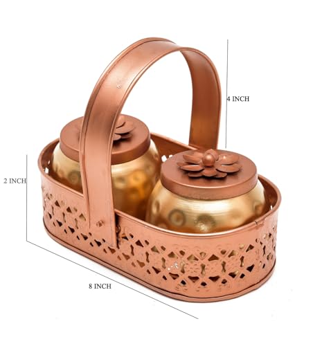 Image of Sanvatsar Square Shape Metal Basket with Jar Tray 2 Copper Flower Container Dry Fruits Chocolate Sweets Candys Gifts Set for Office, Home Decor Table Decoration Item