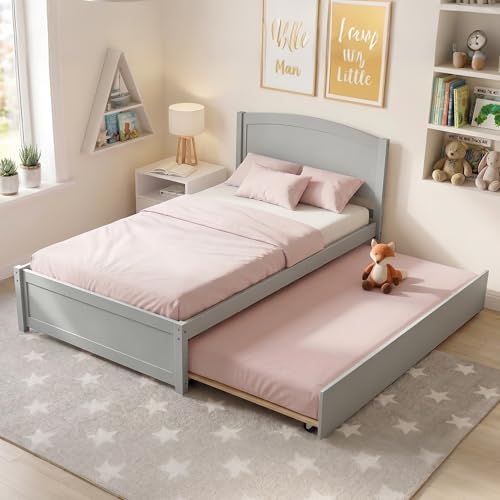 Image of Xilingol Trundle Bed Twin, Solid Wood Bed Frames with Headboard and Wooden Slats Support, Twin Trundle Bed Frame Roll Out, Single Box (No Box Spring Needed)