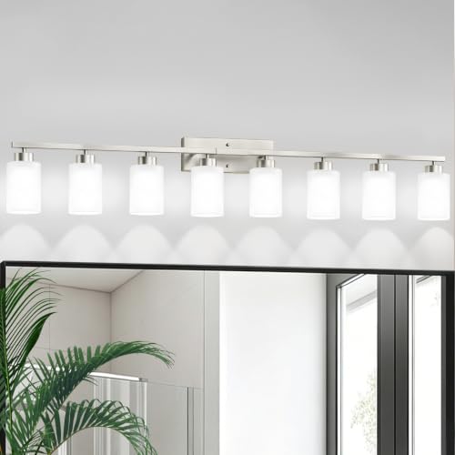 Image of IZORRO Bathroom Light Fixtures, Modern Vanity Lights, Bathroom Lighting Fixtures Over Mirror with Milky White Shade, Wall Sconce for Living Room Cabinet Bedroom (Brushed Nickel, 8-Light)