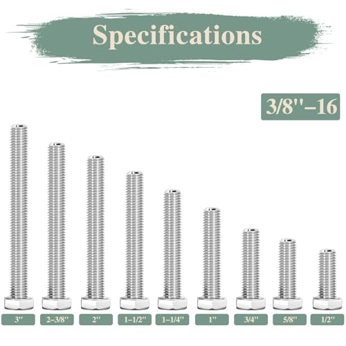 Image of 3 /8 inch-16 x 5 /8 inch Hex Head Screw Bolt, 20Pcs Stainless Steel 304 (18-8), Fully Threaded Bolts, Plain Finish