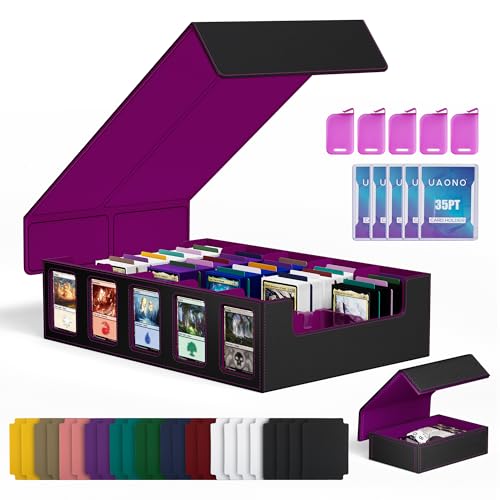 Image of UAONO Trading Card Storage Box with Commander Display;3900+ Card Box for MTG, Removable Cover; 5 Row Case fits MTG TCG Sports Cards 48 Dividers,5 Stoppers,5 Top Loaders,1 Dice Box(Black, Purple)
