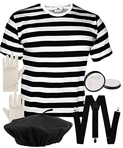 Mega_JumbleSale® Deluxe French Man MIME ARTISH Men's French Joker Frenchman Costume Set - BERET + T-SHIRT + BRACES + GLOVES + FACE PAINTS (Small 36-38" Chest)