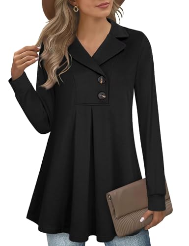 GUUKA Damen Tunika Langarm Pullover Herbst Winter Elegant Reverskragen Sweatshirt Sweater(Schwarz L)
