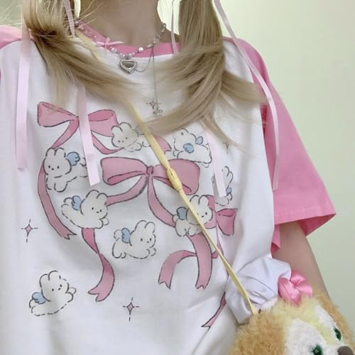Kawaii Oversized T-Shirt Cute Pink Anime Shirt Japanese Harajuku Patchwork Tee Cartoon Print Loose Teen Girl Plus Size3