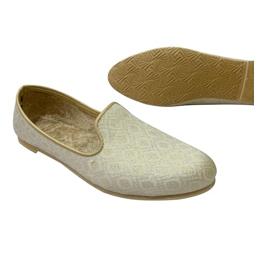 Image of Punjabi Mojaris Mens Shoes Cream Wedding for Groom,Traditional Indian Footwear Ethnic Peshawari Slippers