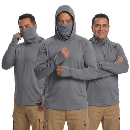 Image of 3 Pack Mens Sun Protection Fishing Hoodie with Face Mask UPF 50+ Long Sleeve Compression Work Shirt Quick Dry
