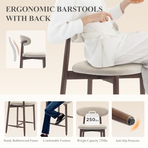 COLAMY Counter Height Bar Stools Set of 3, Kitchen Bar Stools with Back, Mid Century Modern Upholstered, with Wood Legs for Kitchen Island Dining Room Bar, Beige