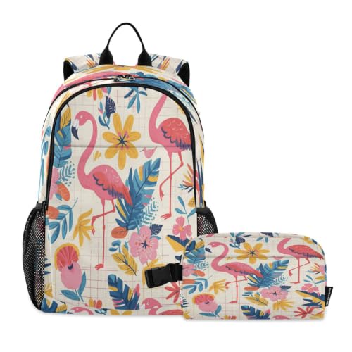 Sac à dos étudiant flamants roses de dessin animé avec sac à lunch pour garçon et fille