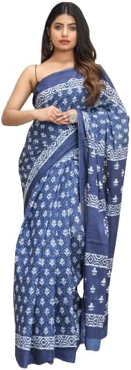 JALTHER Handicrafts Women's Ikat Hand Block Print Jaipuri Cotton Mulmul Saree with Blouse Piece