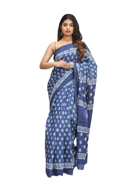 JALTHER Handicrafts Women's Ikat Hand Block Print Jaipuri Cotton Mulmul Saree with Blouse Piece