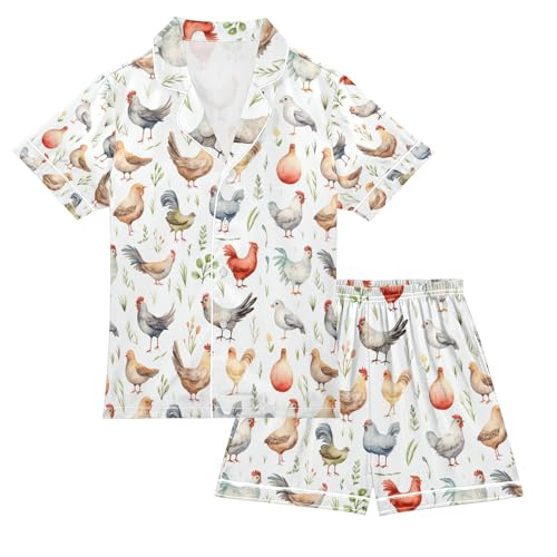 senya Cute Cartoon Chicken Satin Summer Pajama Sets Silk Short Sleeve Button Down Sleepwear