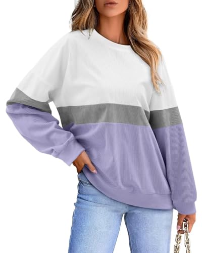 KISSMODA Womens Casual Long Sleeve Sweatshirts Color Block/Solid Tops Corduroy Crewneck Tunic Pullover with Pockets