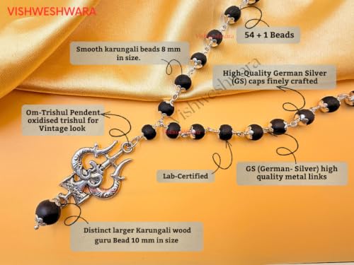 Image of Govt. Lab Certified Karungali Om Shiv Triushul Malai Original | 100% Natural Ebony Wood (54+1) Beads Mala 8mm in German Silver Cap | for Men & Women