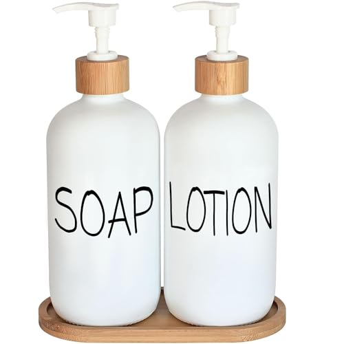 Image of White Soap Dispenser Bathroom Set, Set with Glass Dispenser, Bamboo Pumps & Tray. Hand and Lotion Suitable for Farmhouse Decor
