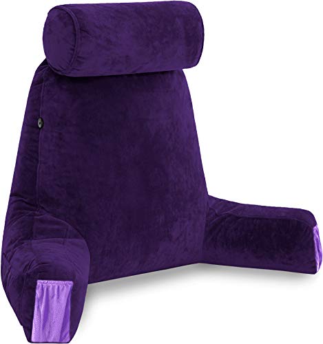 Husband Pillow Medium Purple, Backrest for Kids, Teens, Petite Adults - Reading Pillows with Arms, Adjustable Loft, Plush Memory Foam, Bed Rest Chair for Sitting Up, Detach Neck Roll, Removable Cover