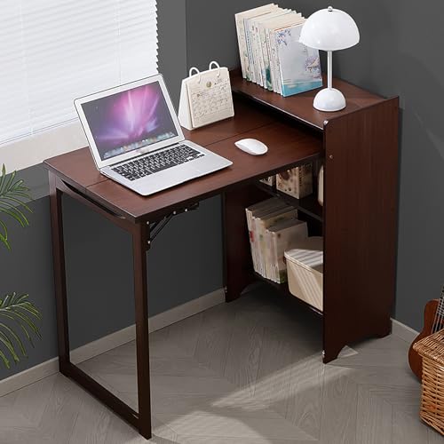 Folding Desk with Storage Shelves, Space Saving Modern Bookcase with Drop Down Table, Hide Away Wooden Desk for Home Bedroom Study Office