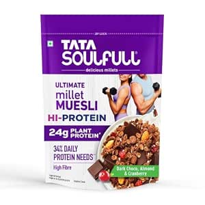 Tata Soulfull Ultimate Millet Muesli Hi-Protein, 350g, Chocolate, Almond & Cranberry, 24g Protein, Fulfill 34% Daily Protein Needs, High Fibre Breakfast Cereal with 16% Millets deal from amazon