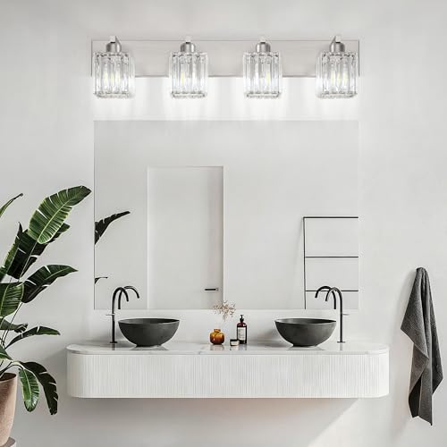 Image of Aipsun Brushed Nickel Bathroom Lighting Fixtures 4 Light Crystal Modern Bathroom Vanity Light (Exclude Bulb)
