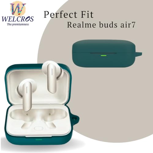 Image of WELCROS Soft Silicone Case Cover Compatible for Realme Buds Air 7 | 7 Pro (Moss Green, with Keychain)
