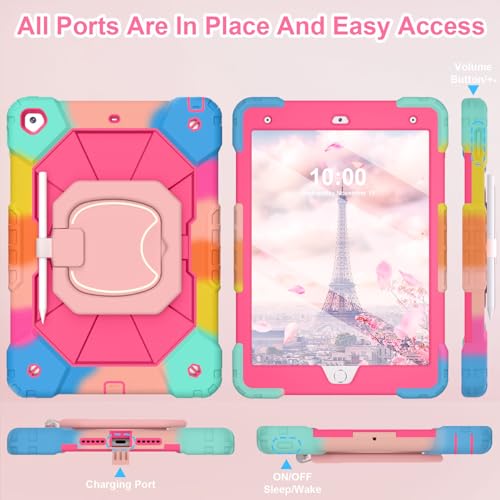 Image of WESOROL Case for iPad 9th /8th /7th Generation 10.2 Inch iPad 9th Generation Case with Screen Protector Rotating Stand Pencil Holder Heavy Duty Shockproof Cover for 9th Gen iPad Case,Colorful Pink