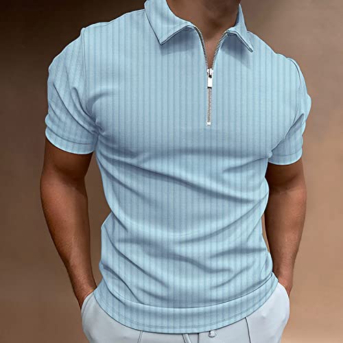 Morwenveo Men's Zipper Polo Shirt Classic Stretch Knit Short Sleeve Polo T Shirt Basic Designed Shirts Casual&Work, Light Blue-Short #TOP1