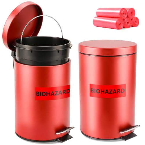 Image of Geiserailie 2 Set 1.32 Gallon Stainless Steel Biohazard Trash Can with 100 Hazardous Bags, Foot-Operated Self-Closing Lid & Biohazard Labels for Medical Hospitals Industrial Infectious Waste Disposal