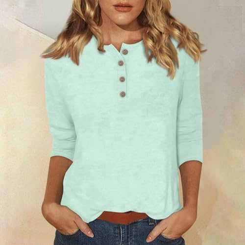 3/4 Sleeve T Shirts for Women Crew Neck Button Down Blouses Dressy Casual Business Henley Daily Tees Fall Fashion2