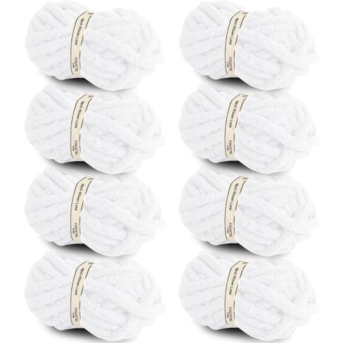 Image of 8 Jumbo Packs Chunky Chenille Yarn for Crocheting, 31.7 yds, 8 oz Each Skein Bulky Thick Fluffy Yarn for Knitting, Super Bulky Chunky Yarn for Hand Knitting Blanket, Soft Plush - White