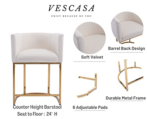 Vescasa 24" H Velet Counter Height Bar Stool With Barrel Back And Arms, 4.5" H Upholstered Seat Cushion Modern Kitchen Island Chair With Gold Metal Frame For Kitchen Island, Set Of 4, Cream #TOP3
