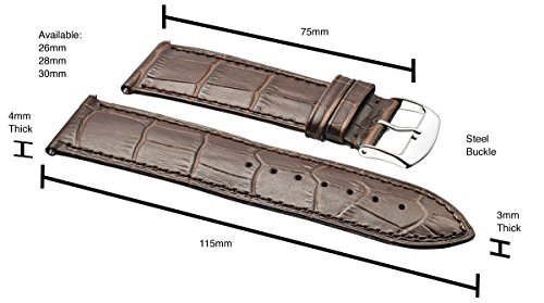 Alpine Genuine Alligator Grain Stitched Leather Watch Band (Fits Wrist Sizes 6 - 7 1/2 Inch) - Brown - 30Mm #TOP1