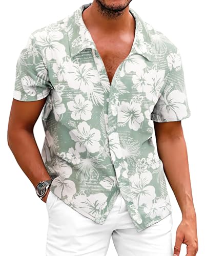 Fastkoala Hommes Chemise à Fleurs Hawaïennes Chemises Tropicales Plage Tops Holiday Summer Casual Button Down Vert L