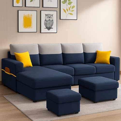 Image of Furny Tokiaa 8 Seater Fabric LHS L Shape Sofa Set with 1 Centre Table & 2 Puffy (Blue) | Soft Velvet Fabric | Modern Design | Comfortable Seating | Living Room Furniture