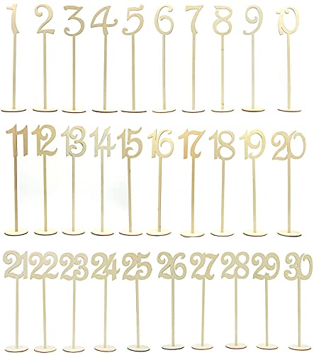 30 números de mesa, 1 a 30 números de mesa de madeira com base de suporte resistente para decoração de casa e festas