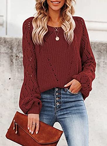 Image of Womens Fall Sweaters Fashion Crochet Long Sleeve Off The Shoulder Clothes Cute Crewneck Knit Pullover Jumper Tops