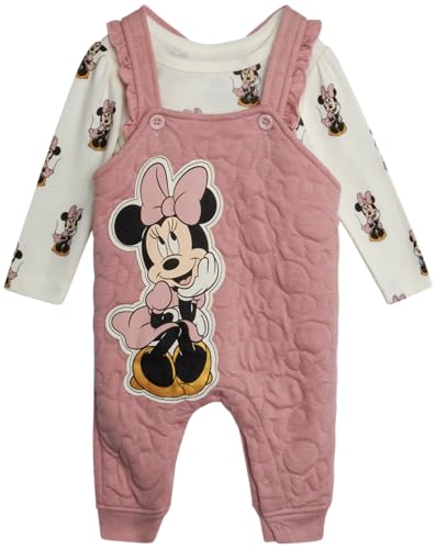 Image of Disney Baby Girls' Minnie Mouse 2 Piece Overall Set - Fleece Romper Long Sleeve T-Shirt Set (Newborn/Infant)