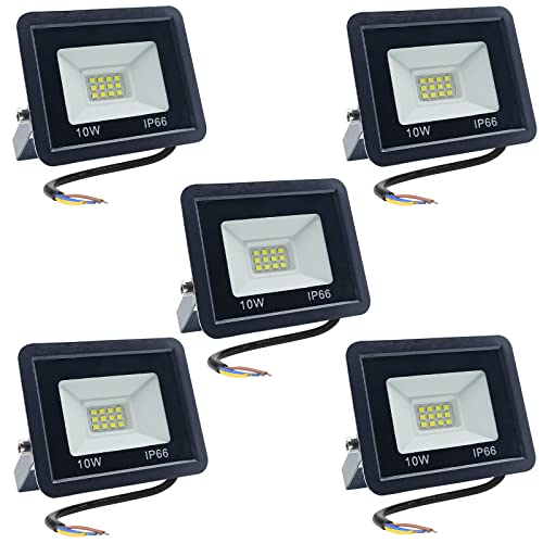 Meision Strahler Außen 10W, Scheinwerfer Warmweiß 3000K IP66 Wasserdicht, 850LM Superhell Aluminium Flutlicht, Außenstrahler für Hof, Garage, Garten, Flur, 5 Stücke