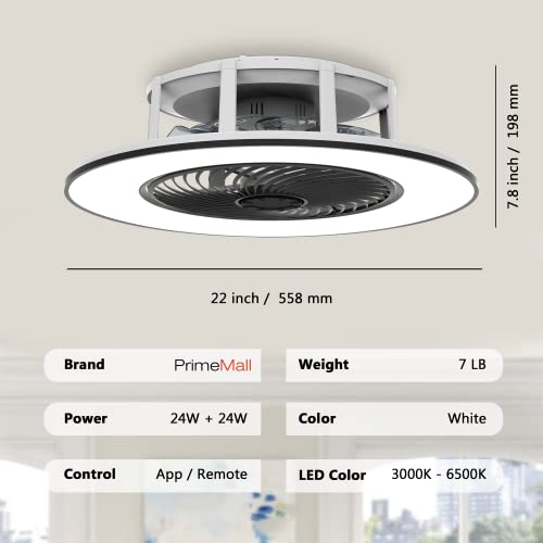 Primemall Bladeless Ceiling Fan With Light And Remote Control Low Profile Ceiling Fan 22" Modern Enclosed Multi-Speed Indoor Ceiling Fan 3 Color Temperatures Smart Led Dimmable Lighting (Black) #TOP4