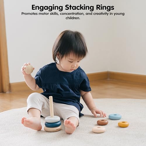 Image of PlanToys Stacking Ring Wooden Montessori Fine Motor and Early Learning Toy in Orchard Shade | Early Coordination and Colour Sorting Activity | Eco Friendly Stacking Ring Set for Meaningful Play