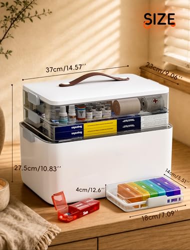 Image of Medicine Organizer Box, 3-Tier Medicine Storage Box with 7-Day Pill Case, Clear Trays and Carry Handle, Empty First Aid Kit Organizer for Pills and Bottles