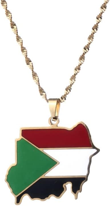 Stainless Steel Republic of the Sudan Map Flag Pendant Necklaces Jewelry