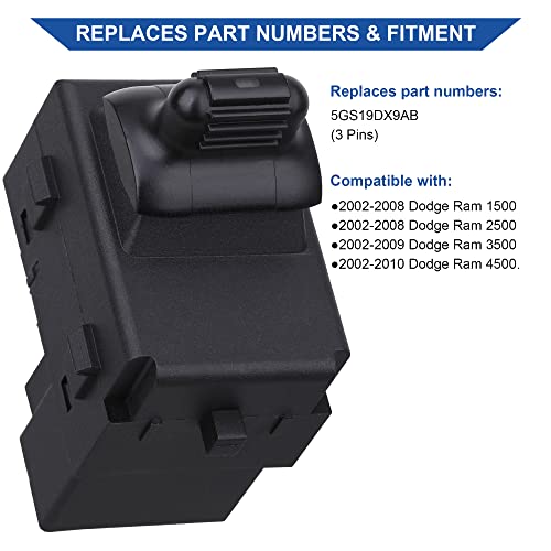 Obaee Power Door Lock Switch Control Button Front Right Passenger Side Compatible With Dodge Ram 1500 2500 3500 4500 2002 2003 2004 2005 2006 2007 2008 2009 2010 Replace Oem 5Gs19Dx9Ab (3 Pins) #TOP4