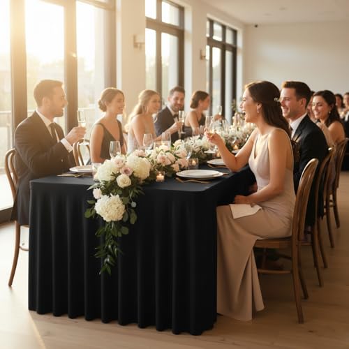Image of HolidayIdeas Black 4ft Rectangle Spandex Tablecloth 6 Pack Fitted Stretch Table Skirts 24x48 Inch, Ruffle Design Wrinkle-Free Polyester Table Cover for Banquets,Trade Shows, Parties, Events