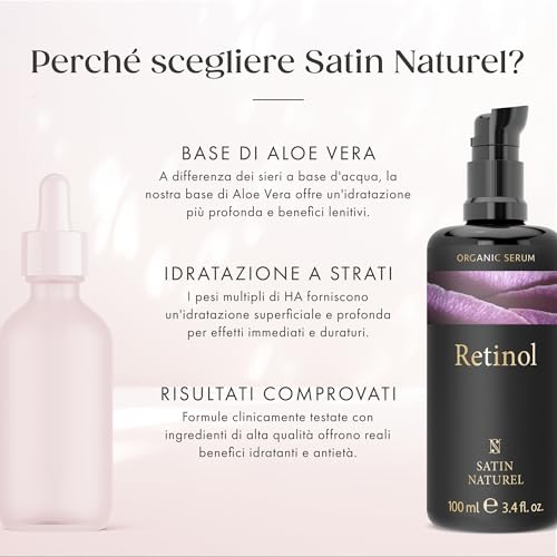 Retinolo Viso con Acido Ialuronico Viso e Niacinamide 100ml, Siero Viso Antirughe con Aloe Vera Bio per Pelli Sensibili, Siero Retinolo Viso - Retinol Serum - Siero Antirughe Viso Donna Satin Naturel - 10