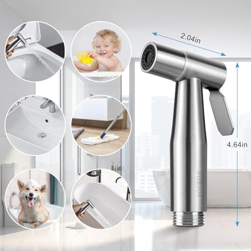 Handheld Toilet Bidet Sprayer, Water Pressure Adjustable Sprayer with Hose and 7/8 \"T-Valve, Jet Spray and Soft Spray, for Toilet, Bidet, Shower etc., Stainless Steel, Silver