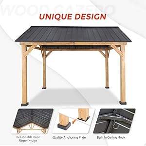 EAGLE PEAK 11x13 Hardtop Gazebo, Galvanized Steel Gable Roof Gazebo with Cedar Wood Frame, Outdoor Pavilion for Patio, Deck, Lawn and Garden, Natural Wood/Black EAGLE PEAK 11×13 Hardtop Gazebo Galvanized Steel Gable Roof Gazebo with Cedar Wood Frame Outdoor Pavilion for Patio Deck Lawn and Garden Natural WoodBlack