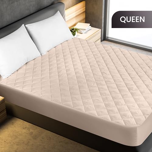 Utopia Bedding Quilted Fitted Mattress Pad, Queen Size, Elastic Fitted Mattress Topper Protector and Cover Stretches up to 16 Inches Deep, Machine Washable (Beige)