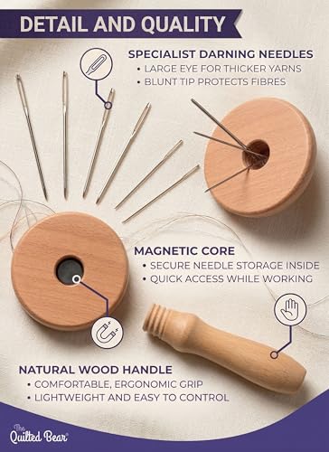 Image of The Quilted Bear Wooden Darning Mushroom & 6 Darner Needles, Repair Clothes