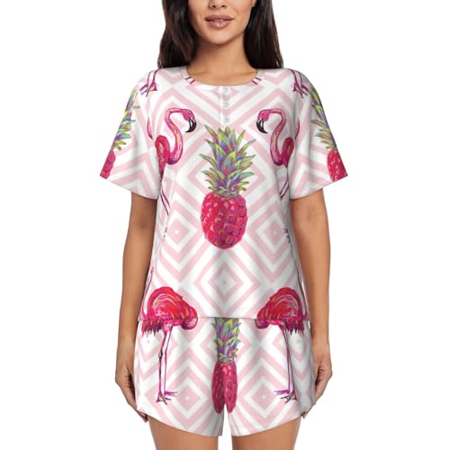 Pijama de piña y flamenco rosa para mujer conjunto de descanso de manga corta y pantalón estampado