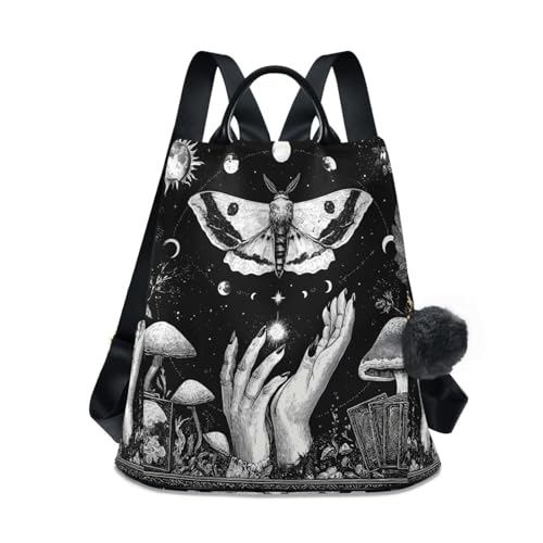 CHLYMXD Black Gothic Moth Mushroom Backpack Purse for Women Lightweight Small Shoulder Bag Back Pack with Anti Theft Zippers Handbag Daypack